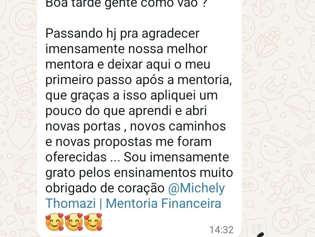 Mensagem de aluno(a) da Rota da Riqueza: agradecimento pelos novos caminhos após a mentoria